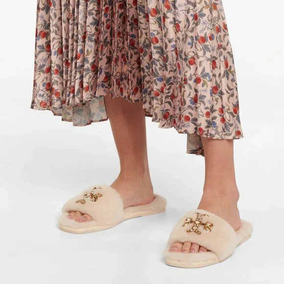 NIB Tory Burch Jeweled Double T Shearling Slipper Buttermilk US 7.5 8 8.5 9 9.5 - Picture 2 of 16